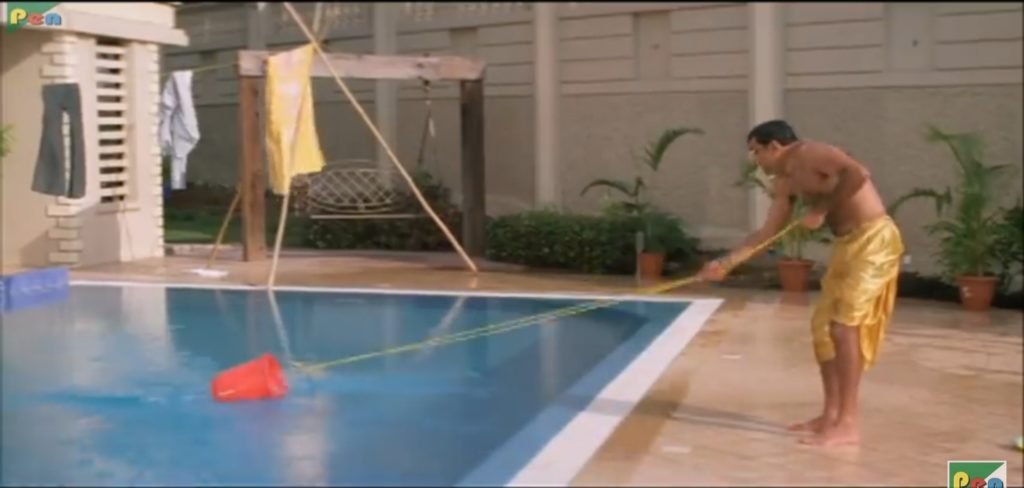 Baburao Bathing With Bucket In Front Of Swimming Pool Meme Template Of Movie Hera Pheri