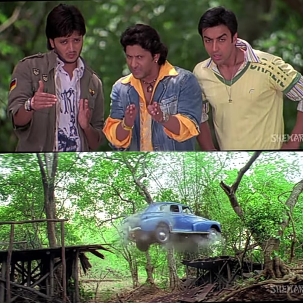 aadi ,boman discussing about how to cross the broken bridge dhamaal meme tample