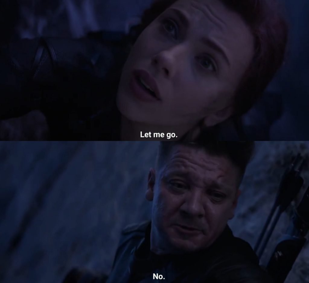 Let me go scene Avengers Endgame sad moments templates
Natasha and Hawkeye on vormir meme template - Avengers Endgame meme template - Black widow sacrificing herself moment