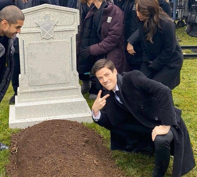 Barry Allen victory sign towards his Grave-Grant gustin posing his grave-Flash meme template-Latest meme templates