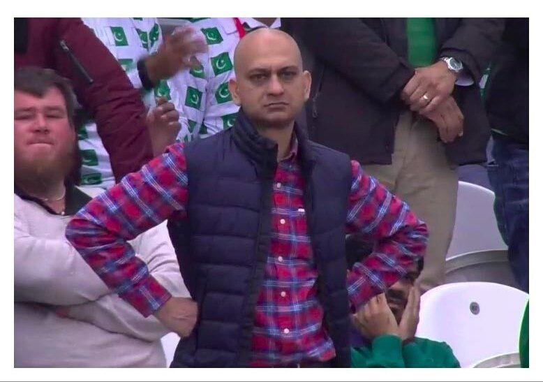 Disappointed-Sad Pakistani Cricketer Fan-Bald fan of sports-black jacket guy inn cricket-latest meme template