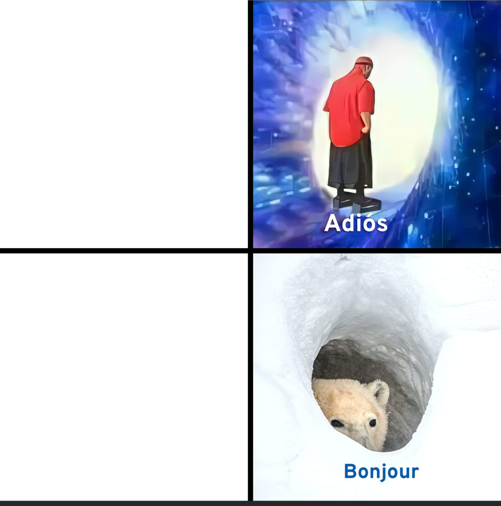 Adios-Bonjour HD -meme templates-White bear hiding in snow-getmemetemplates