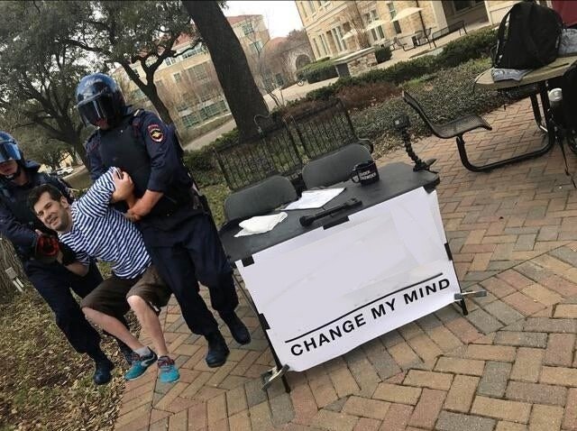 Change my mind guy arrested meme template-man in park-man with coffee and opinion-invitation for debate-guy got arrested