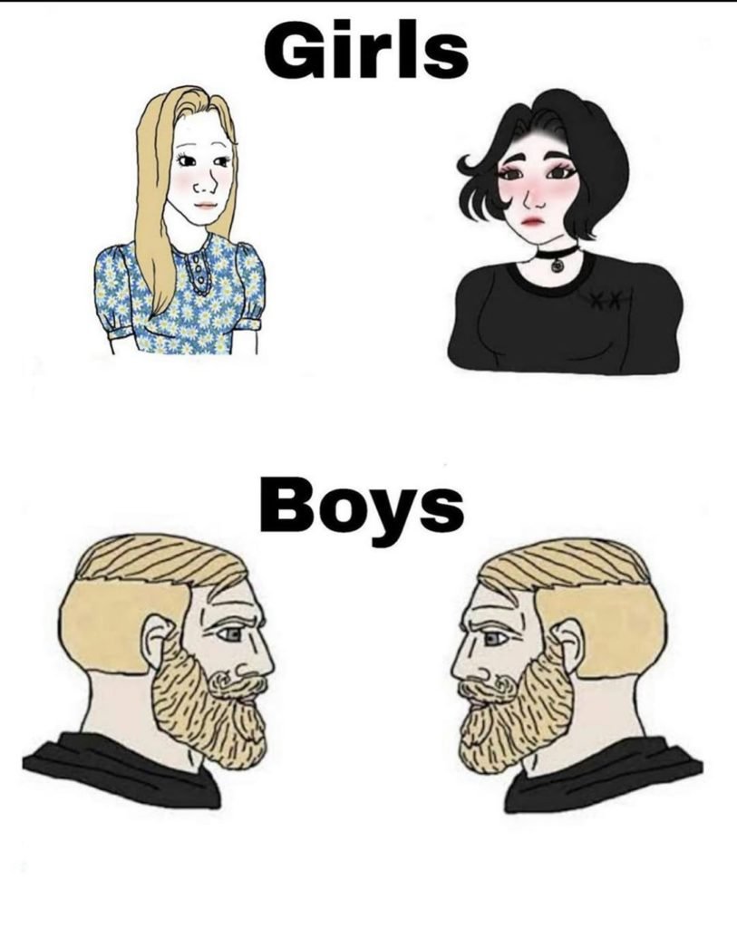 Girl to Girl conversation-Boy to Boy conversation-Intelligent guys talking cartoon meme template-